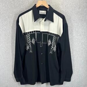 Pronti by Phita Mens L Button Down Shirt Black White Colorblock Embroidered EUC